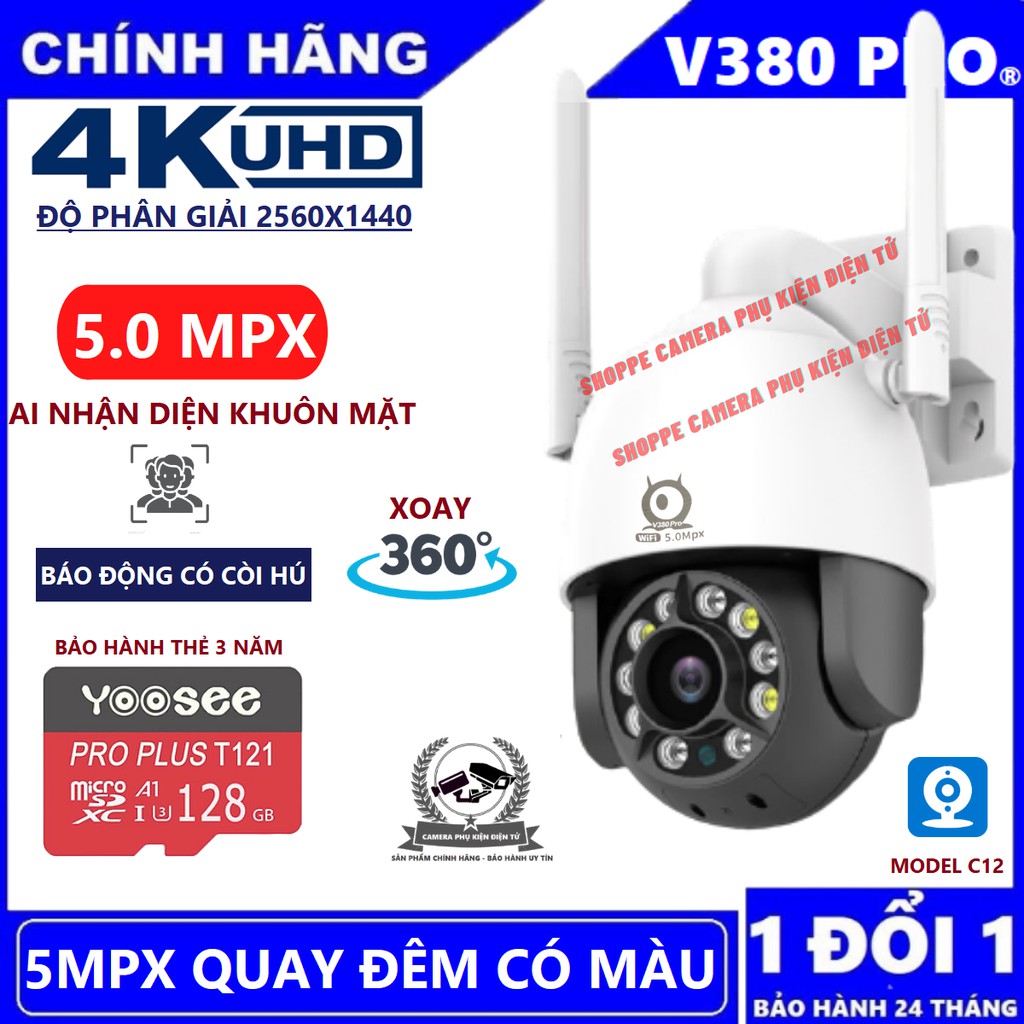 Camera wifi 5.0 MPX Xoay 360° V380Pro C12 Chính hãng Nhận diện khuôn mặt,Xem đêm có màu