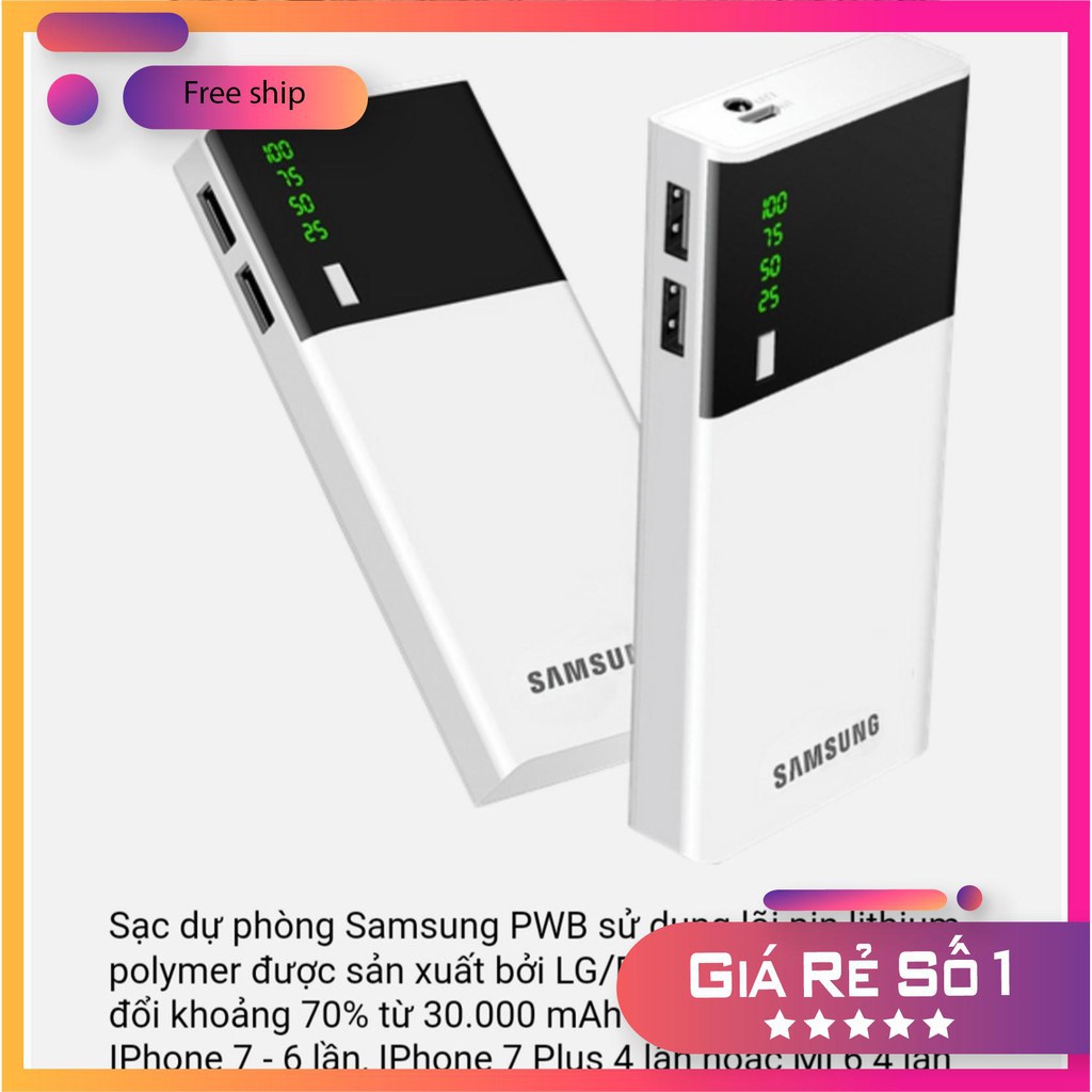 Sạc Dự Phòng Sam Sung 💖 𝘍𝘳𝘦𝘦𝘴𝘩𝘪𝘱 💖  Pin Dự Phòng Điện Thoại Dung Lượng  30.000 mAh 5 Lõi Có Đèn Pin & Hiển Thị % Pin