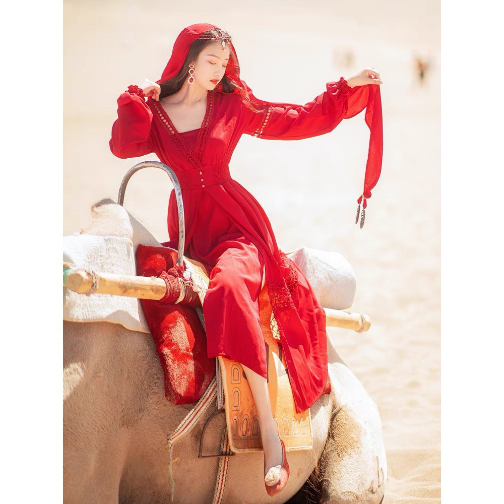 Đầm Vintage, Váy Maxi Đi Biển V11999 Chất Voan Mềm Mát, Màu Đỏ Kèm Khăn, Siêu Phẩm Của Tín Đồ Sống Ảo, Mẫu Mới Hè 2021