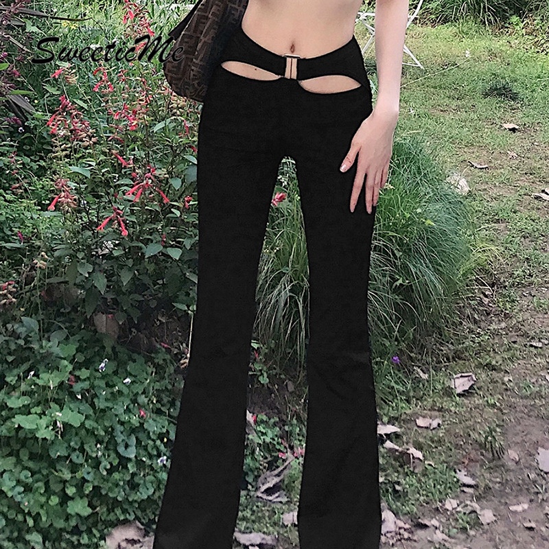 Quần Ôm Eo Cao Viền Sọc Khoét Lỗ Hàng Mới Cho Nữ