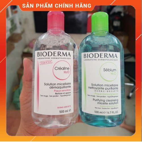 Nước Tẩy Trang Bioderma H2O 500ml Créaline Hồng, Sébium Xanh [BẢN NỘI ĐỊA PHÁP]