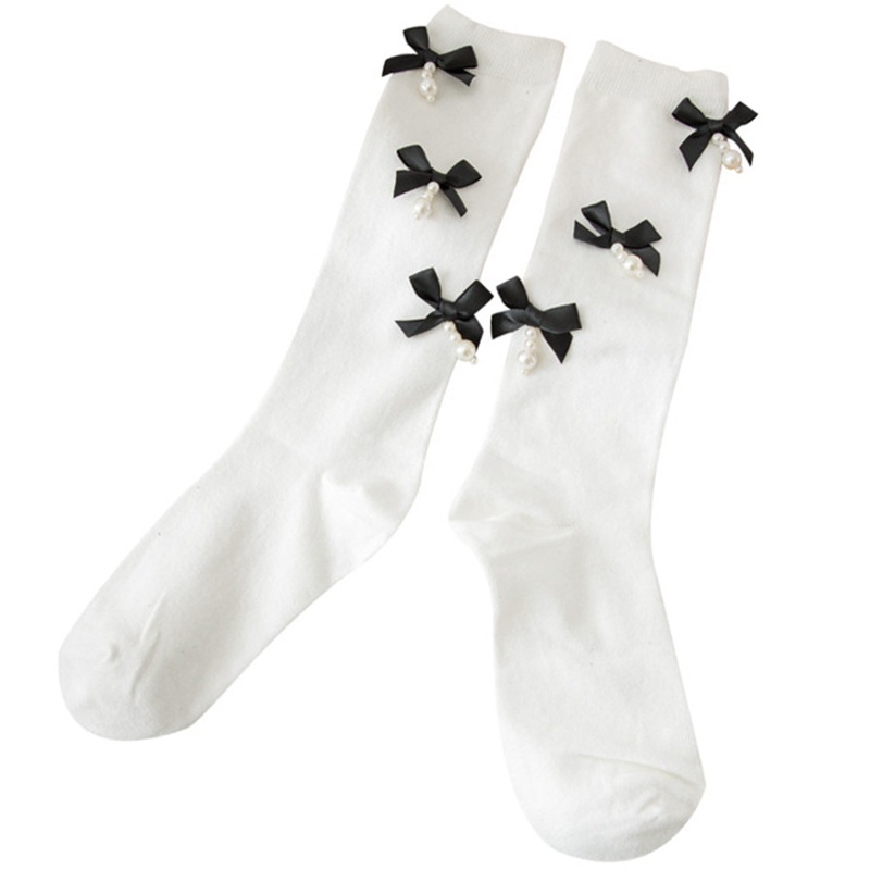 Tất Cotton Dài Qua Gối Đính Nơ Ngọc Trai Phong Cách Lolita