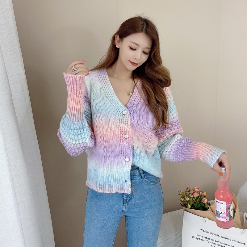 IELGY   Áo Khoác cardigan Dệt Kim Dáng Rộng Màu gradient Dành Cho Nữ