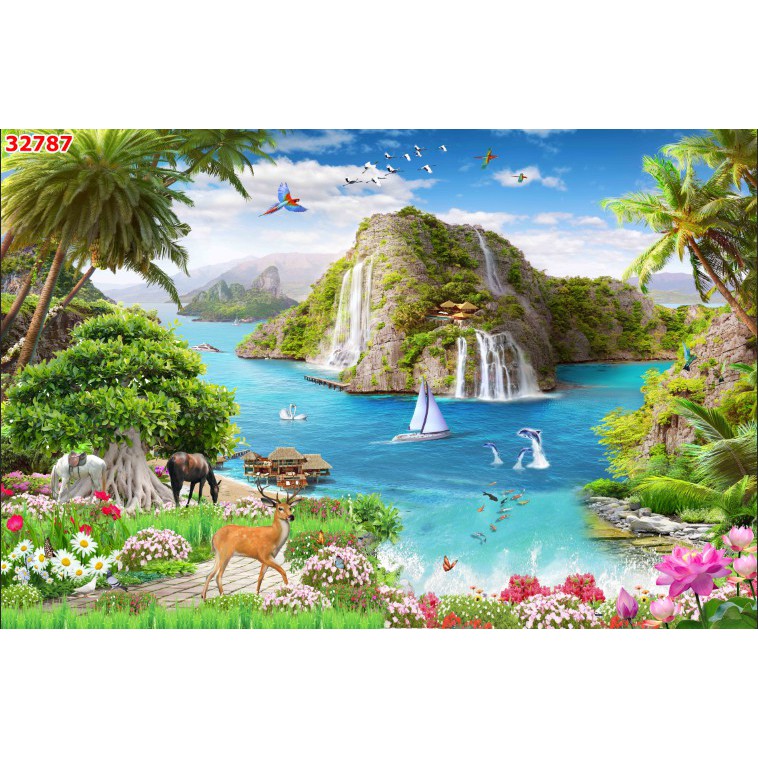 Tranh dán tường 3d phong cảnh thiên nhiên trang trí phòng khách chất liệu decal pp keo sẵn bóc dán atk18