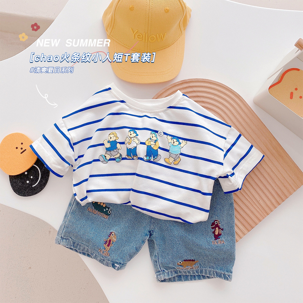Fashion Kids Boys Cartoon Printed Denim Short Pants T-shirt Optional