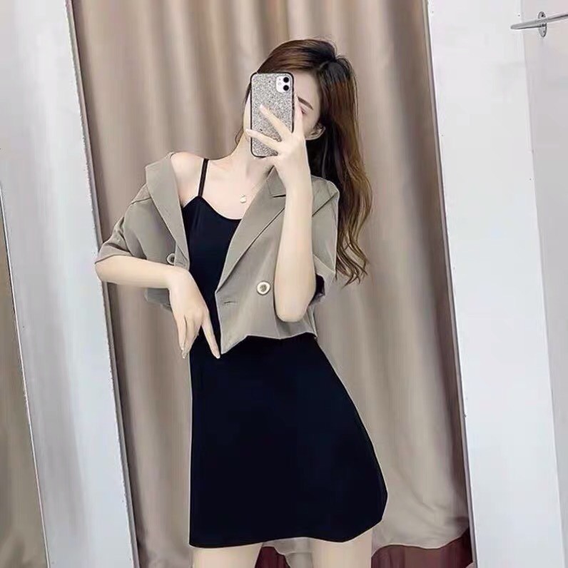 💃 Bộ Áo Vest Kèm Váy 2 Dây Set Đầm Body Nữ Áo Khoác Ngắn Cộc Tay