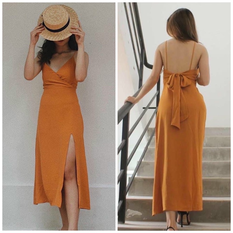 Đầm váy maxi vàng nghệ xẻ tà nơ sau