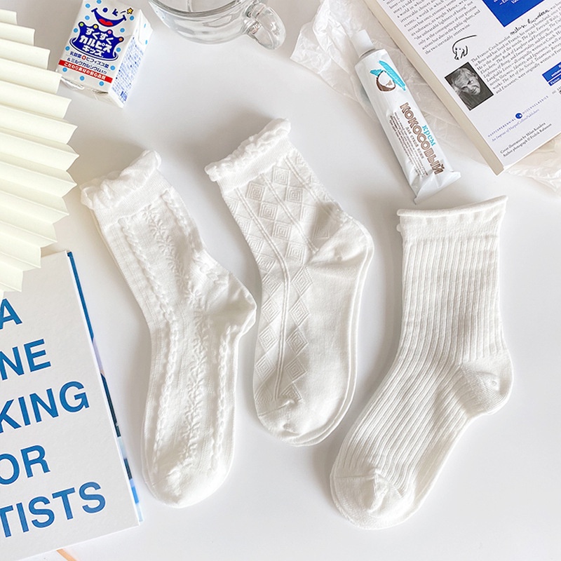 Tất nữ cổ cao bèo nhún phong cách dễ thương, tất cotton trắng nữ sinh Nhật Bản TL005 - Filibra