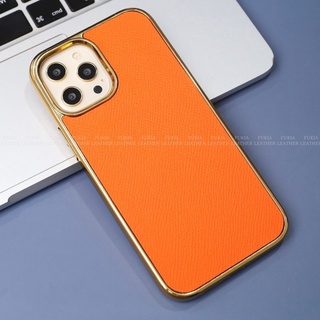 Ốp da thủ công viền Gold Epsom Cam cho IPhone 14/14Plus/14Pro/14Promax/13/13Pro/13Promax/12/12Pro/12Promax ODTC104