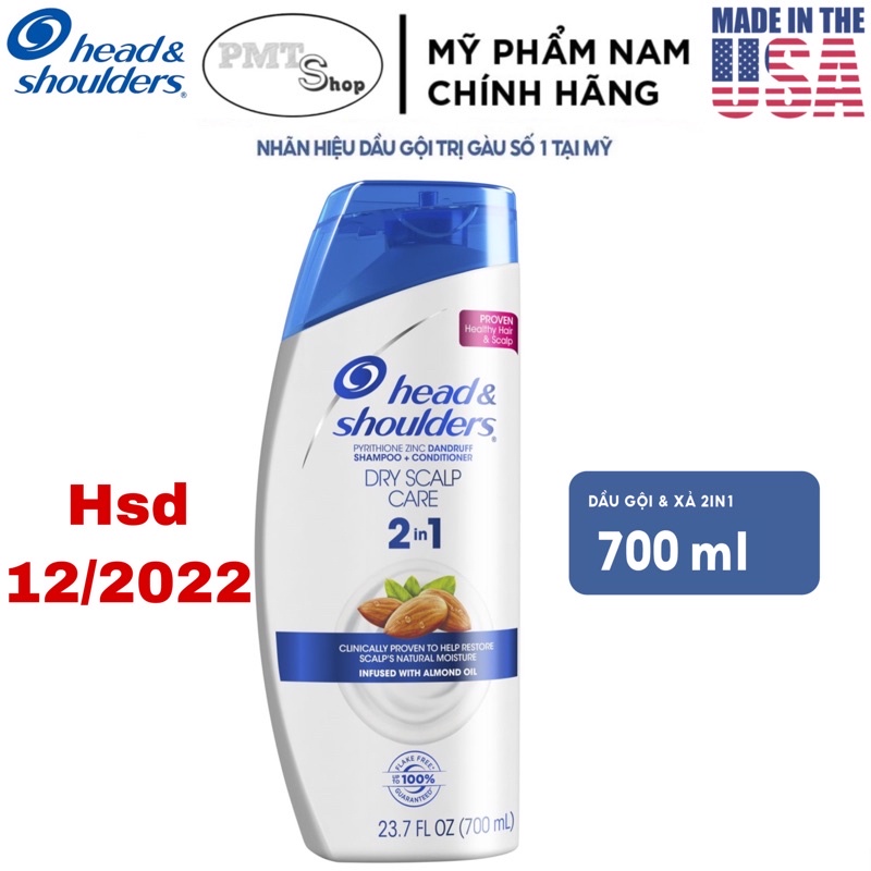 [USA] Dầu gội xả Head &amp; Shoulders 2in1 Dry Scalp Care 700ml hạnh nhân sạch gàu - Mỹ