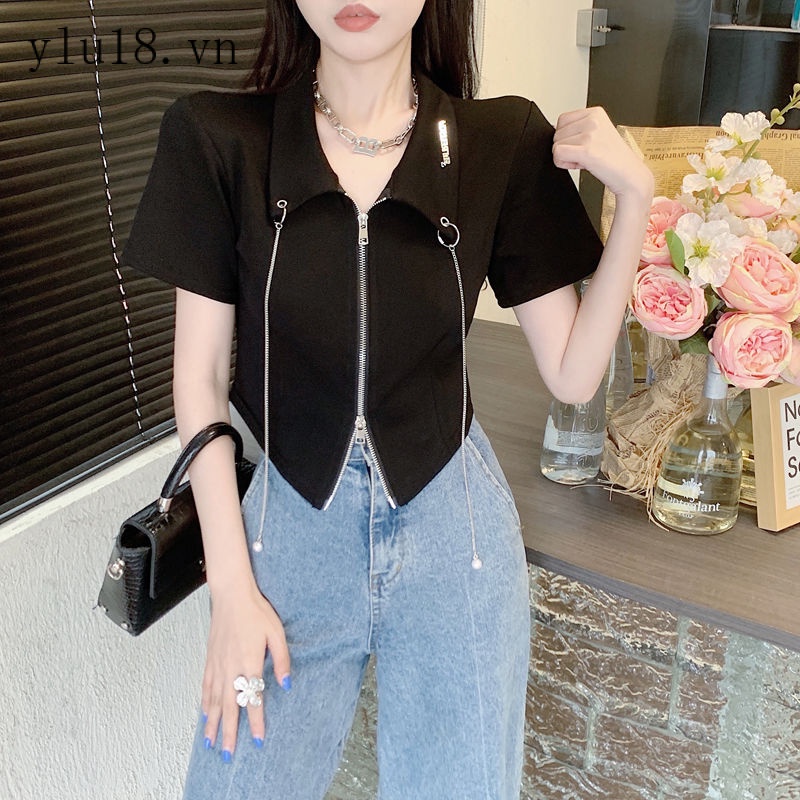 Áo Thun POLO Dáng Ngắn Ôm Dáng Phối Dây Xích Đôi Khóa Kéo Phong Cách Mới Mùa Hè 2022 Cho Nữ