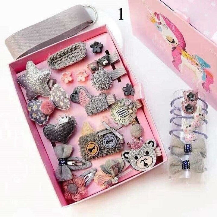 Kẹp Tóc Cho Bé Gái Hộp Đựng 24 Chi Tiết Phong Cách Hàn Quốc Kèm Túi Xách Dễ Thương