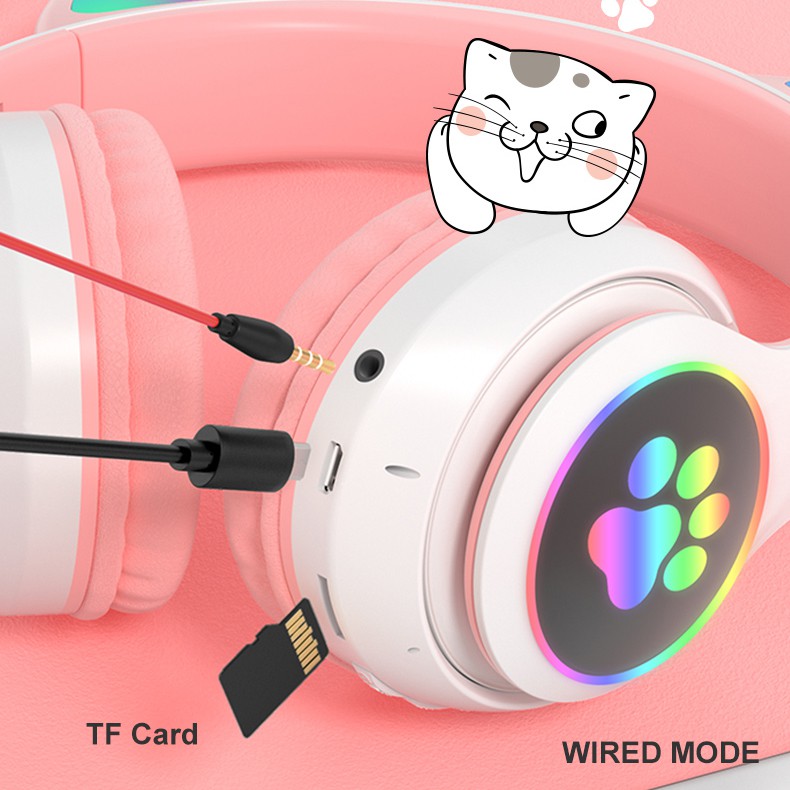 Tai nghe chơi game tai mèo đáng yêu không dây bluetooth V5.0 có mic/phụ kiện đèn LED thích hợp cho các bạn nữ trẻ