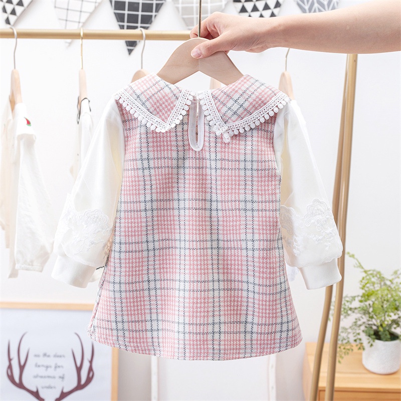 Đầm IELGY bằng cotton tay dài cổ chữ V họa tiết kẻ caro phong cách Hàn Quốc dễ thương cho bé gái