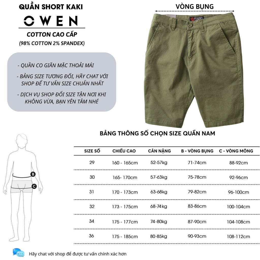 Quần short nam kaki Owen màu rêu, chất liệu vải cotton cao cấp, co giãn, trẻ trung, dáng slimfit năng động