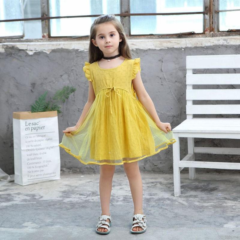 ♕ babyme ღ Baby Girls Solid Print Mesh Dress Cotton Flare Sleeve Sundress