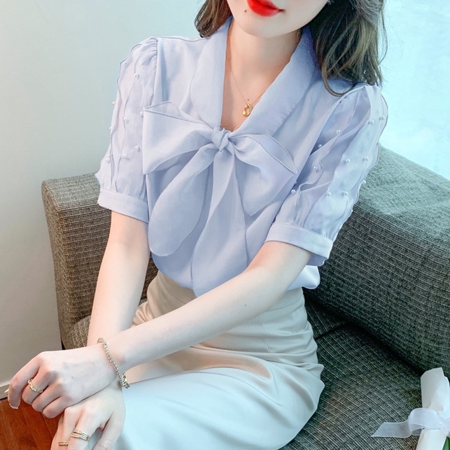 Áo Chiffon Nữ Tay Dài Phối Nơ Thời Trang