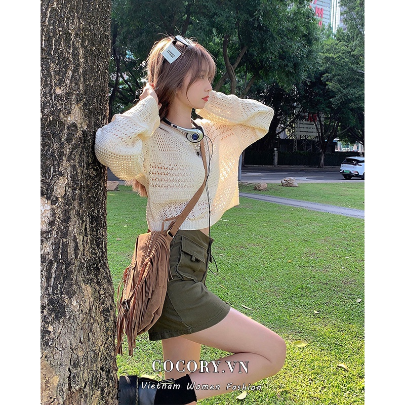 Cocory vn Set Áo Len Tay Dài Phối Chân váy jean Thời Trang Cho Nữ