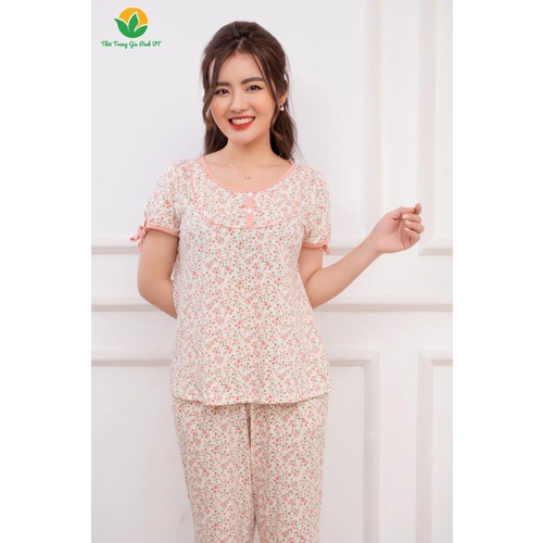 Bộ quần áo mặc nhà nữ mùa hè Việt Thắng, quần lửng, áo cộc tay, chất cotton - B46.2202