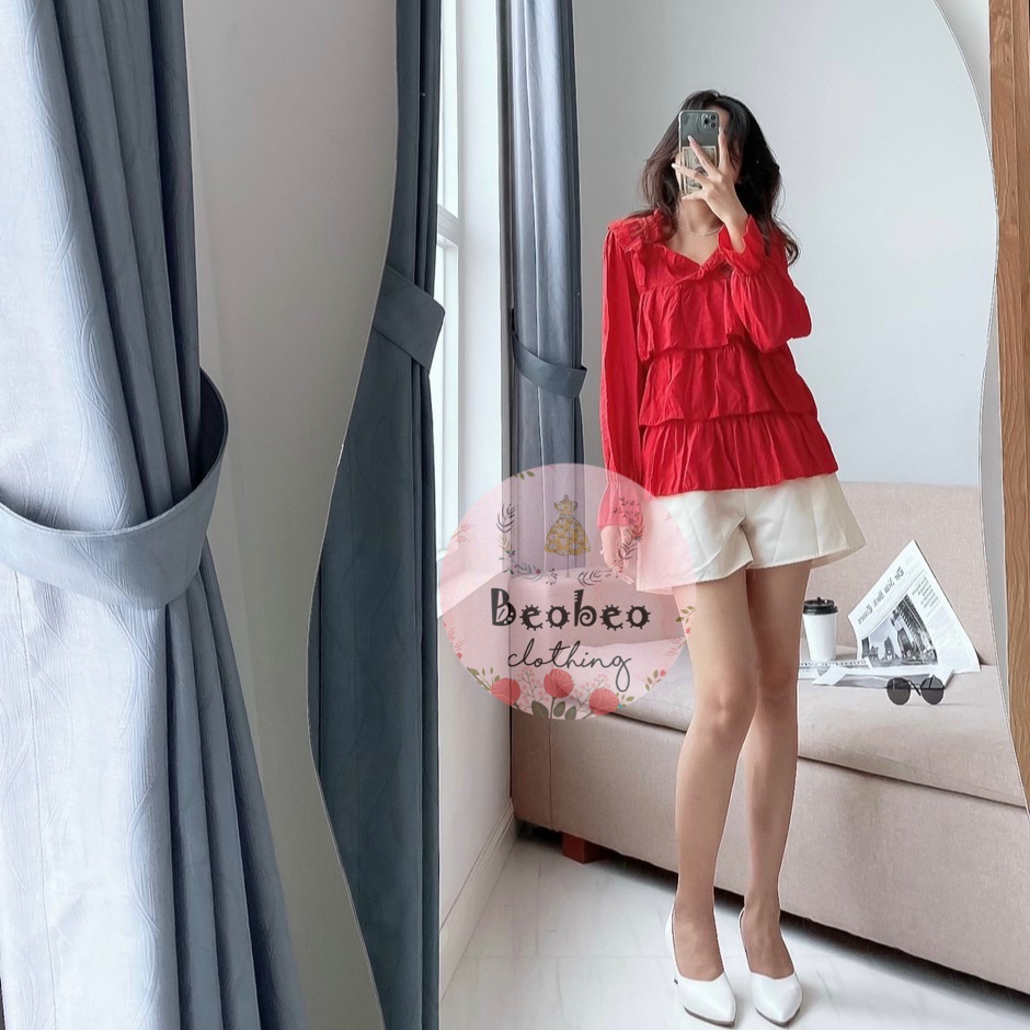 Set áo babydoll bèo tầng đỏ kèm quần short dễ thương