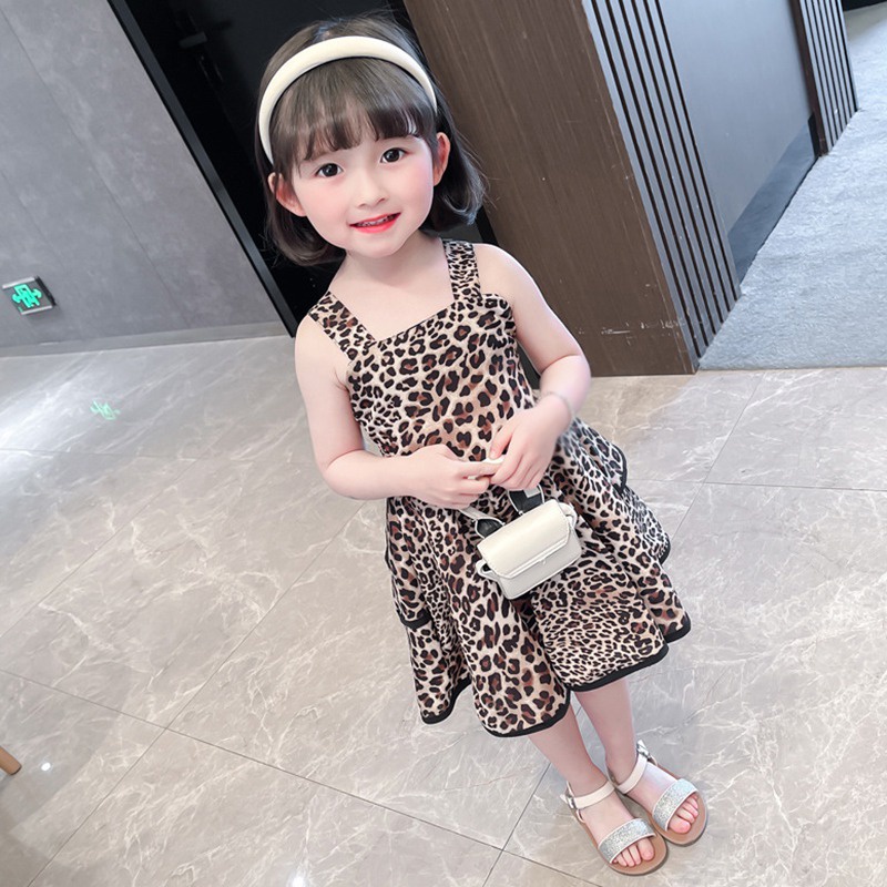 Se7en Đầm Tutu Hai Dây Xếp Ly In Họa Tiết Da Báo Kiểu Hàn Quốc Mùa Hè Cho Bé Gái