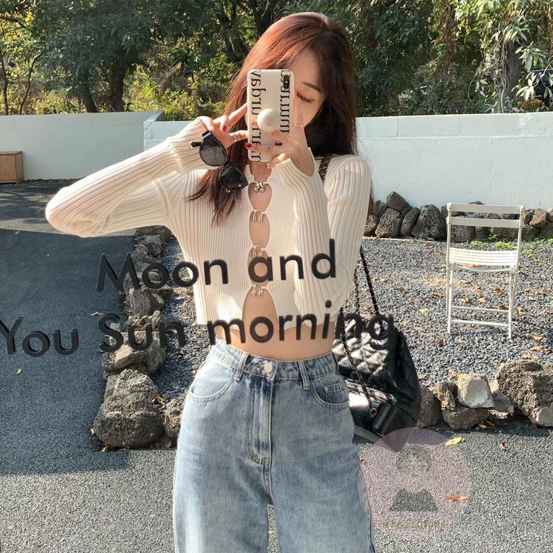 Áo Dệt Kim Dài Tay Cổ Chữ U Màu Sắc Đơn Giản Cho Nữ