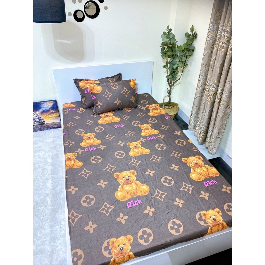Set ga gối chăn hè chần bông Cotton 5 món EMMIBedding, mẫu Gấu nâu mền cotton họa tiết đáng yêu