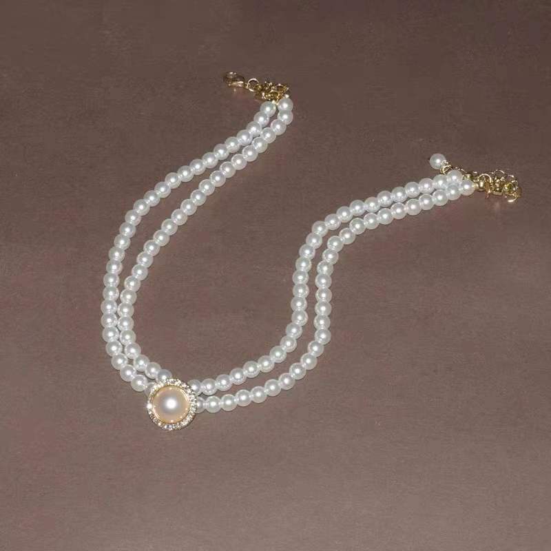 Vòng Cổ Hai Lớp Đính Hạt Ngọc Trai Đơn Giản Phong Cách Vintage Mới
