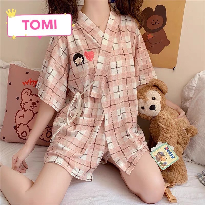 Đồ bộ nữ, bộ pijama nữ ngắn tay kẻ hồng buộc dây - TOMI BOUTIQUE | BigBuy360 - bigbuy360.vn