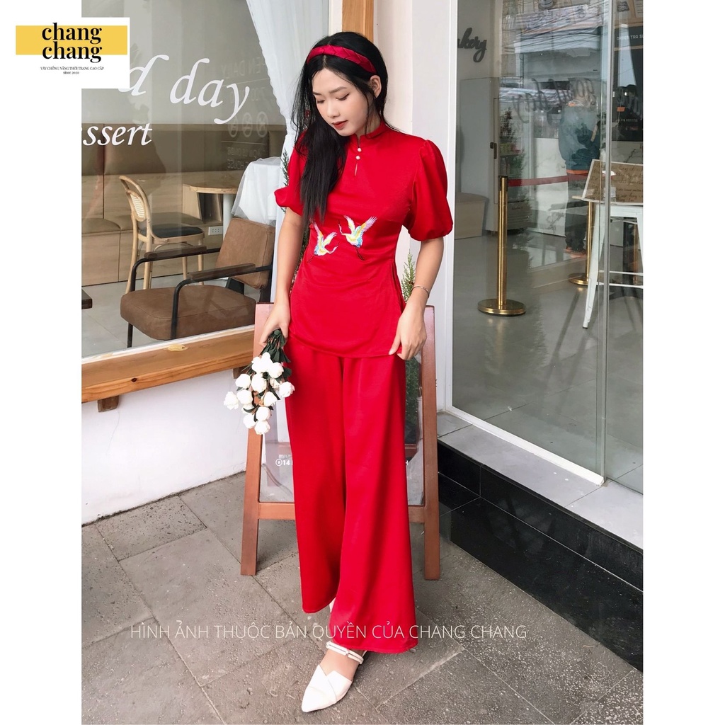 Đồ Lam Nữ Đi Chùa,  Bộ Đi Chùa Nữ Thêu Hạc Sắc Nét Vải Lụa Cao Cấp Kín Đáo Thanh Lịch - Màu Đỏ | Chang Chang