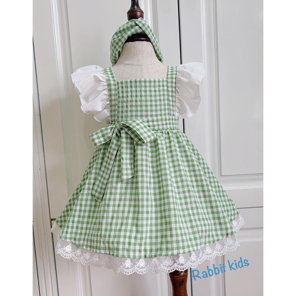 Váy Đầm Mùa Hè Cho Bé Gái FREESHIP Rabbit Kids - Váy Thiết Kế Trẻ Em Hoạ Tiết Caro Xanh Ngọc Bèo Trắng Dễ Thương