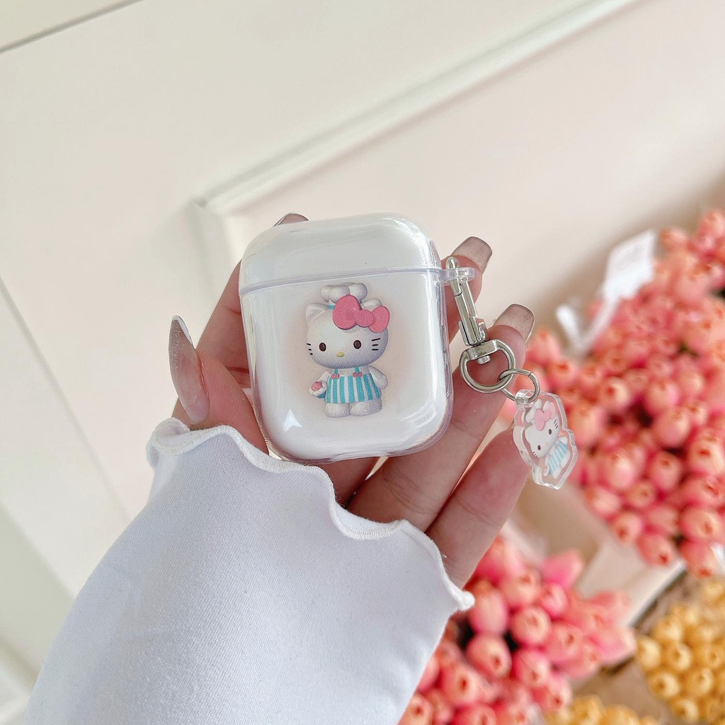 Vỏ Bảo Vệ Hộp Sạc Tai Nghe AirPods 1 2 pro 3 2021 gen3 Bằng Silicon Tpu Mềm Trong Suốt Hình Mèo Kitty Dễ Thương Kèm Móc Treo Chống Thất Lạc