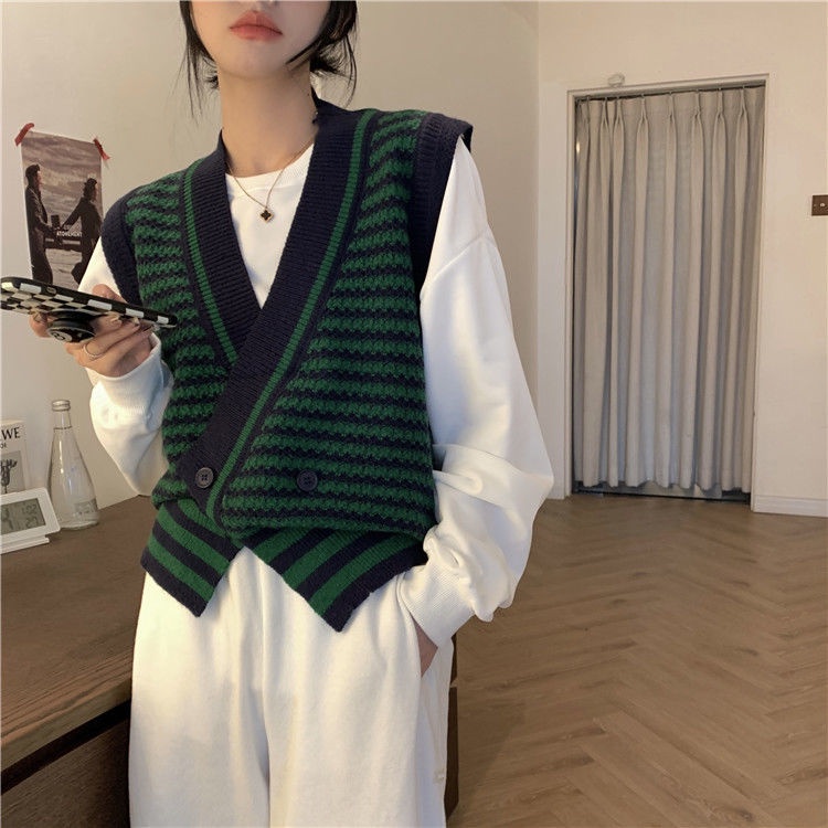 Áo dệt kim cổ chữ v họa tiết kẻ sọc màu sắc thời trang mùa thu cho nữ | BigBuy360 - bigbuy360.vn