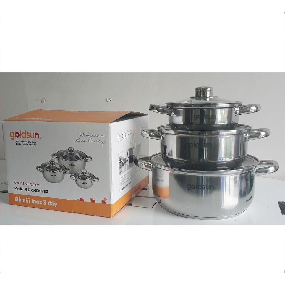 Bộ Nồi Inox 3 Đáy Goldsun GE33-3306SG - Đáy Từ - Hàng Chính Hãng