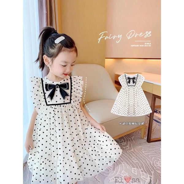 Váy đầm cánh tiên voan hai lớp chấm bi cài nơ lên form cực xinh cho bé 1- 5T  VTE20