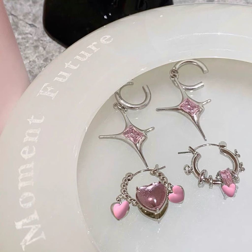 Khuyên Kẹp Vành Tai Hình Ngôi Sao Màu Hồng Đính Đá Phong Cách hip hop ins niche Đơn Giản