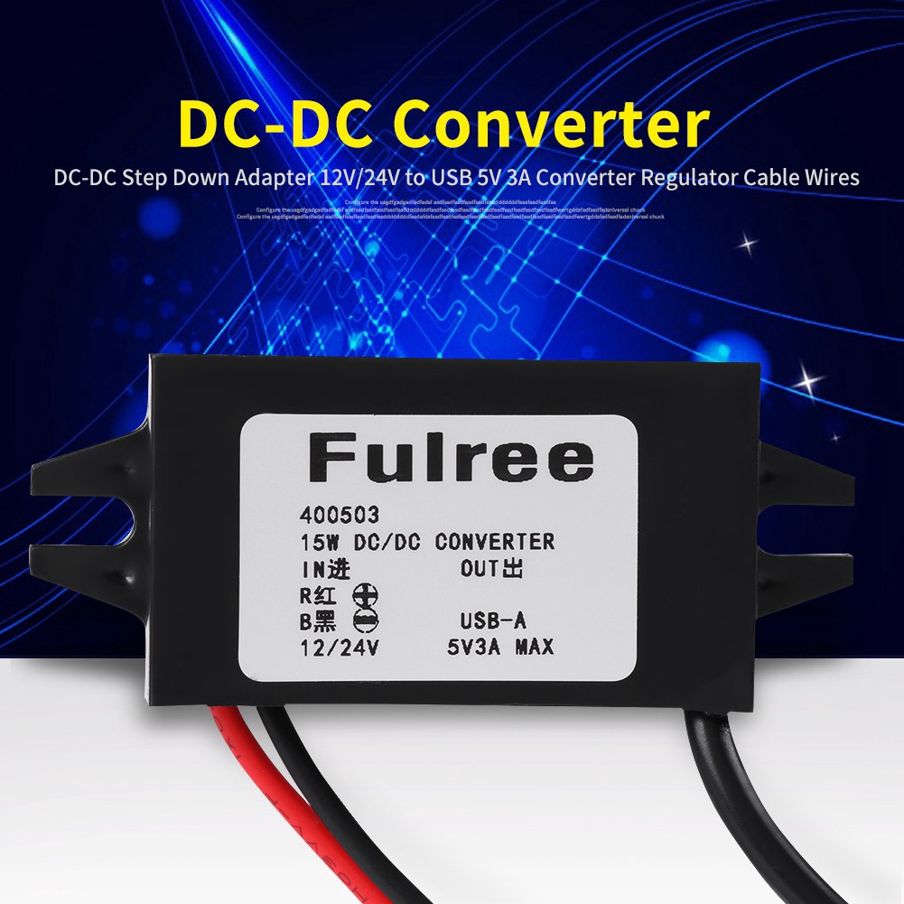 1pc DC-DC Step Down Adapter 12V/24V to USB 5V 3A Converter Regulator Cable Wires