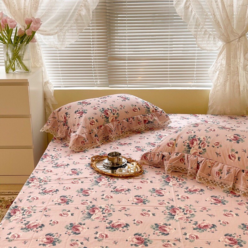 Set ga gối cotton viền bèo vintage điệu đà - set 3 món - freeship
