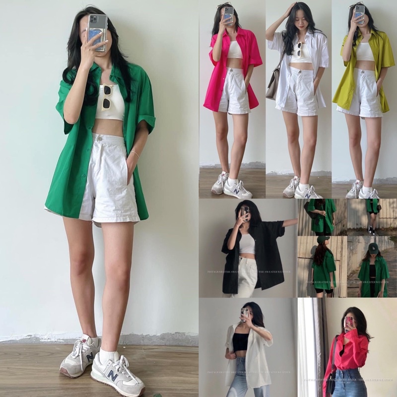 [Ảnh thật/Video]Áo sơ mi TÔNG MÀU ĐỘC LẠ tay lỡ Áo sơ mi học sinh có túi ngực