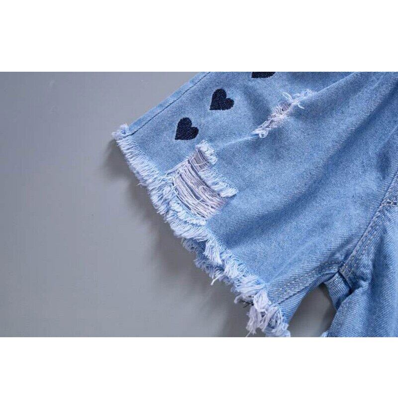 Quần Short Denim Lưng Thun In Hình Trái Tim Cho Bé Gái 5-12 Tuổi