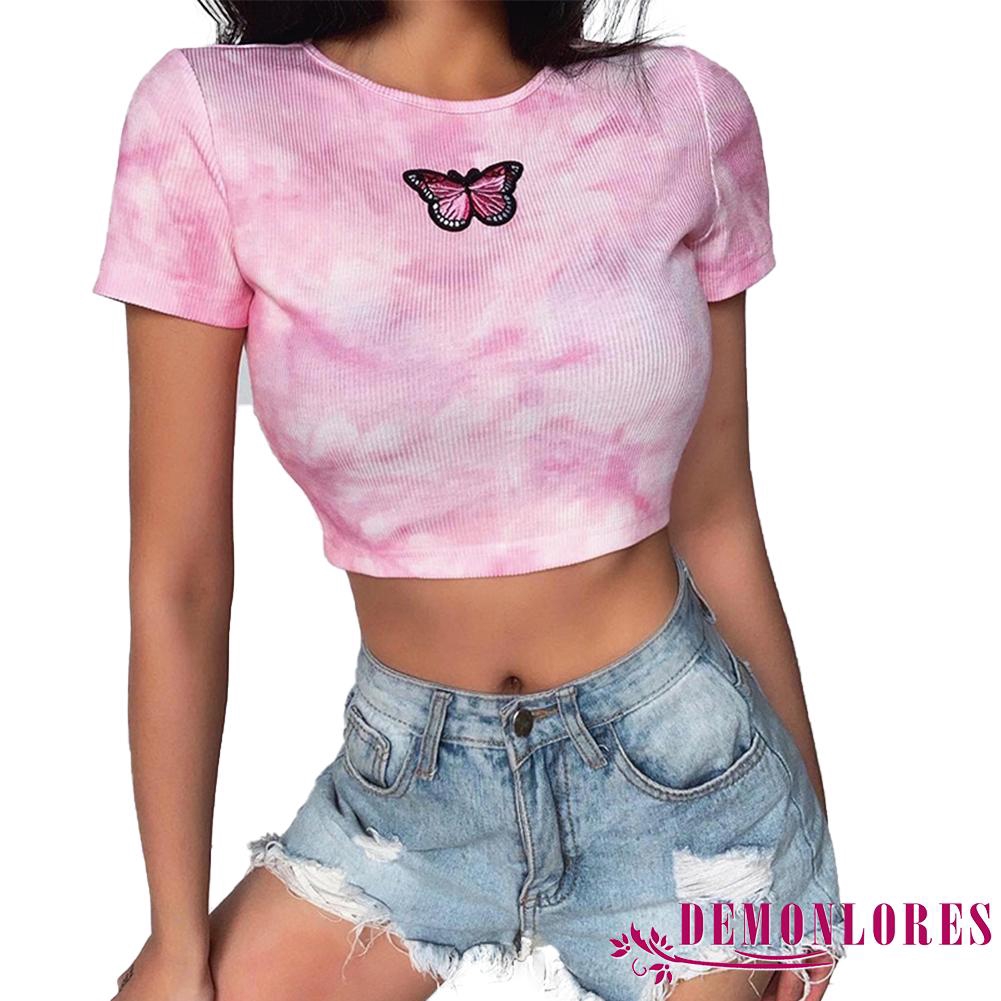 Áo Croptop Tay Ngắn Hoạ Tiết Bướm Thêu Thiết Kế Ôm Sát Tôn Dáng