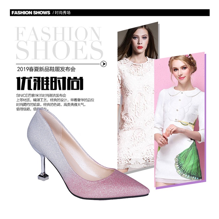 Giày Cao Gót Mũi Nhọn Đính Kim Tuyến Màu Bạc Thời Trang Xuân Thu Mới 2020 Cho Nữ