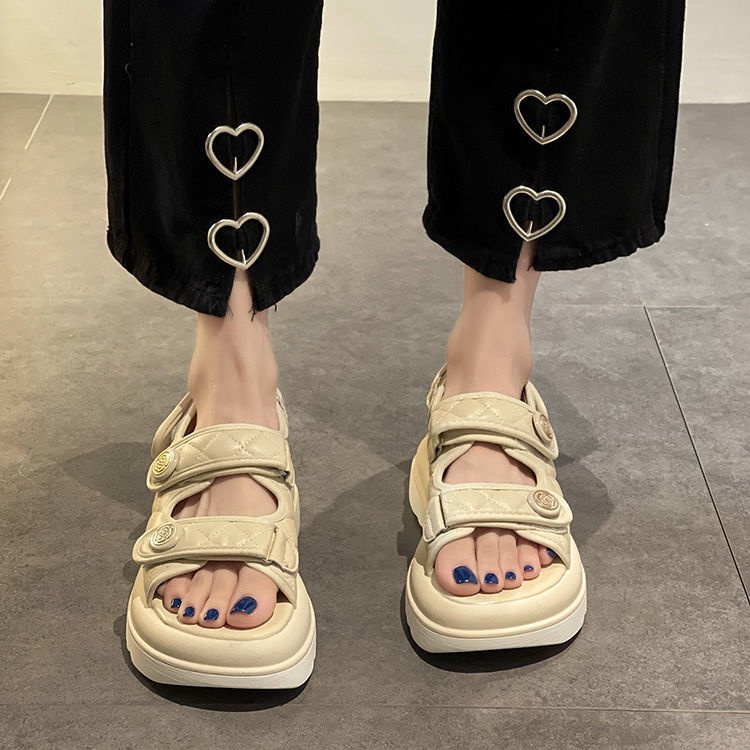 Giày Sandal Thể Thao Mùa Hè Đế Mềm Dày Dặn Cao Gót 2022 Có Khóa Dán Phong Cách Thể Thao Thời Trang Cho Nữ