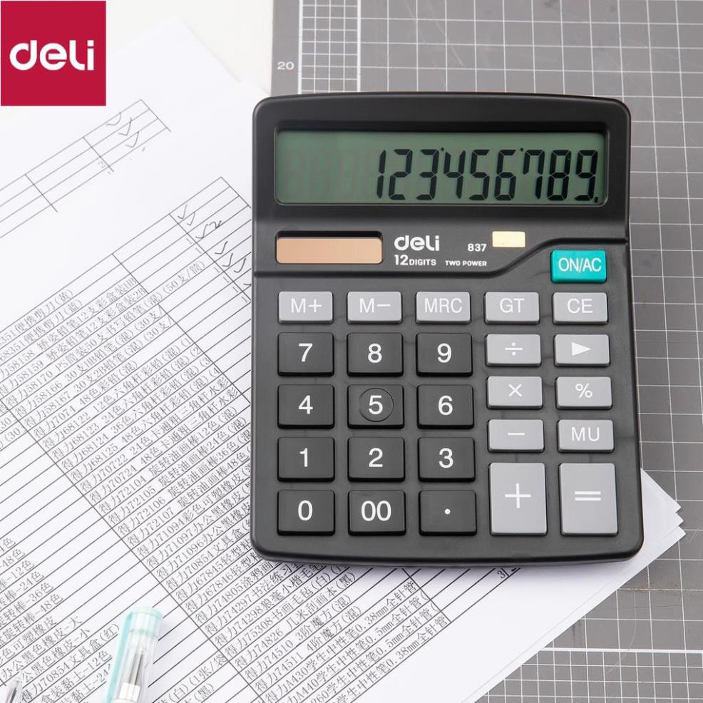 Máy tính để bàn, máy tính cầm tay 12 số Deli - thay pin AAA dễ dàng - E837