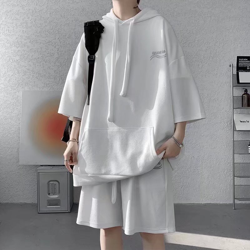 Set Đồ Thể Thao Gồm Áo Hoodie Tay Ngắn + Quần Short Màu Trơn Thời Trang Cho Nam hàn quốc bộ thể thao nam