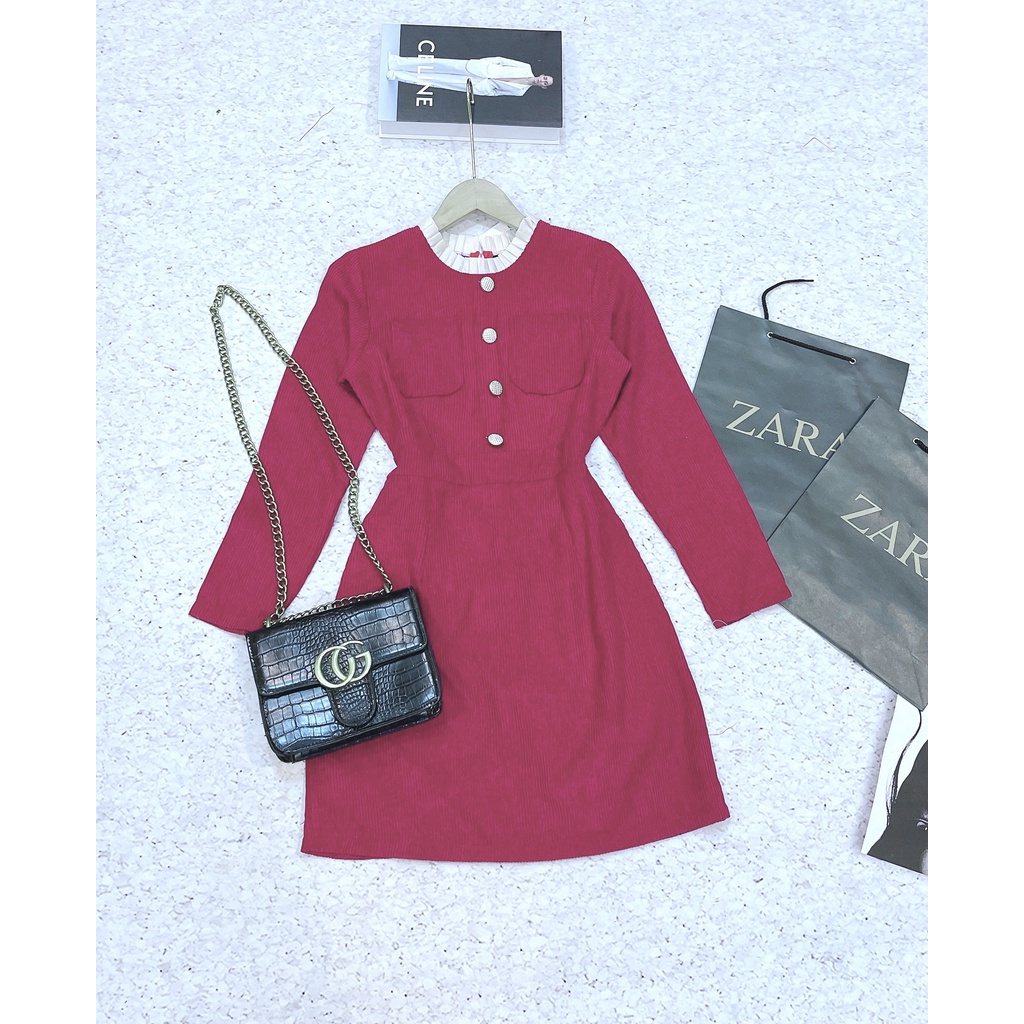 Váy nhung tăm đẹp 💟 FREE SHIP+TẶNG KÈM 1 SP SHOP TẶNG 💟 Váy nhung tăm cổ ly cúc ngọc hàng cao cấp siêu đẹp