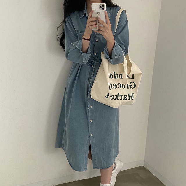 Áo Sơ Mi Denim Dài Tay Thắt Dây Dáng Rộng Phong Cách Retro Mùa Thu Hàng Mới Dành Cho Bạn Nữ 54653