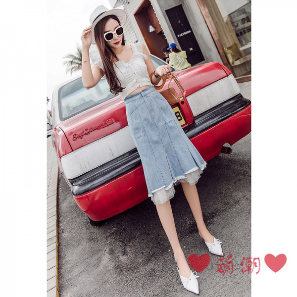 Chân Váy Denim Lưng Cao Phối Lưới Xẻ Tà Size S-5xl