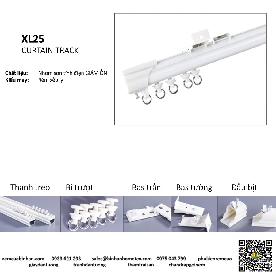 COMBO Thanh ray trượt giảm ồn treo rèm cửa kiểu may xếp ly [Tặng kèm ốc vít đầy đủ] Phụ kiện màn cửa cao cấp XL25