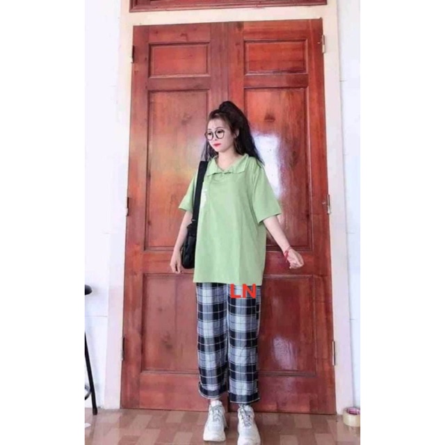 Sét polo hoa cúc tia sét+ quần kẻ LN12